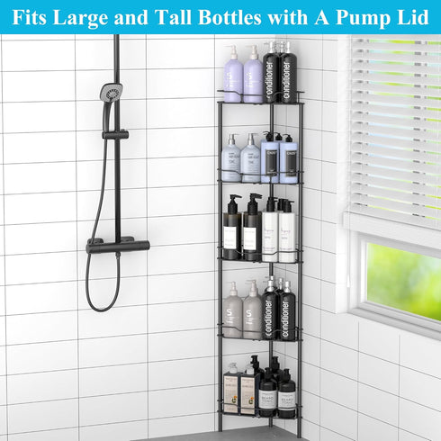 HuggieGems 5-Tier Black Shower Caddy Organizer with Hooks - Stylish Bathroom Storage