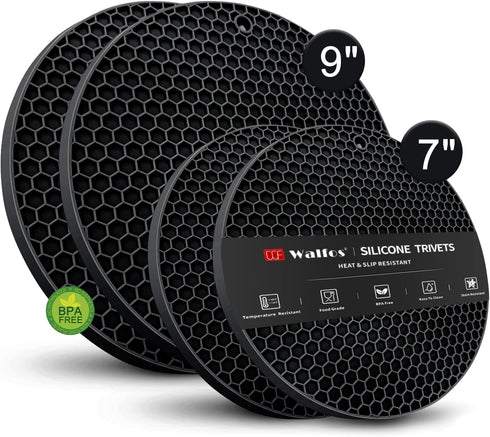 Silicone Trivet Mats, Walfos Heat Resistant Pot Holders Set, 4pcs in 7 Inch & 9 Inch for Hot Pots & Dishes (Black)