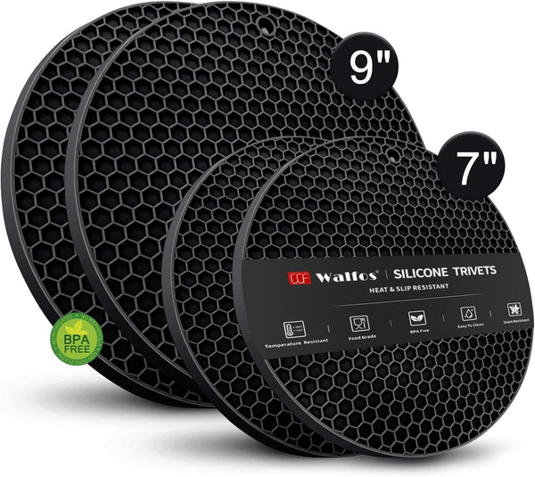 Silicone Trivet Mats, Walfos Heat Resistant Pot Holders Set, 4pcs in 7 Inch & 9 Inch for Hot Pots & Dishes (Black)