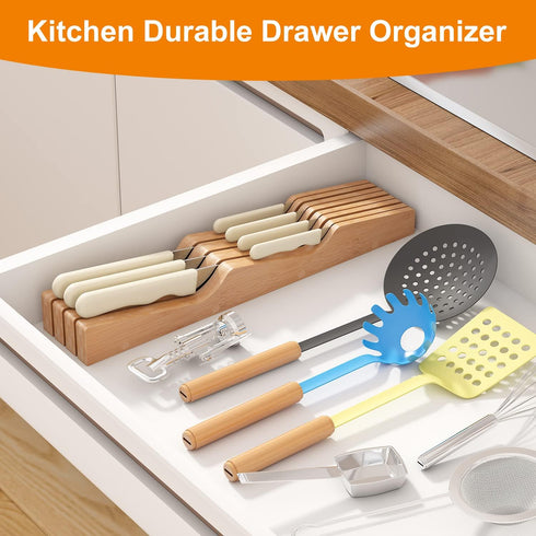In-Drawer Knife Block Organizer, Bamboo Wood Drawer Knife Organizer Holds Up To 7 Knives