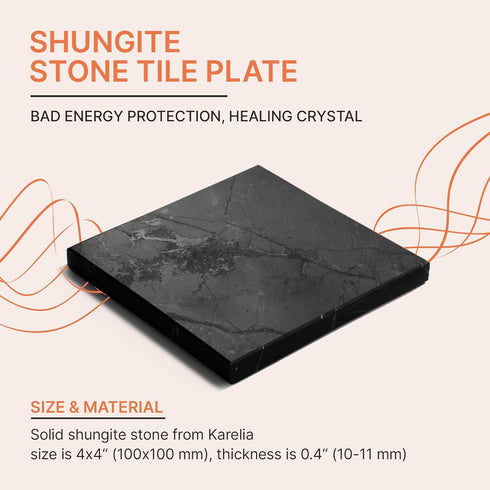 Shungite Tile 4x4 Inches | Protection Blocker Decorative Mineral Square Stone for Cell Phone, Meditation & Energy