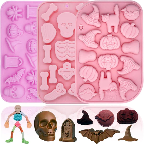 Halloween Silicone Molds for Baking, 3 Pack Chocolate Candy Molds, Pumpkin Skull Ghost Bat Silicone Mold