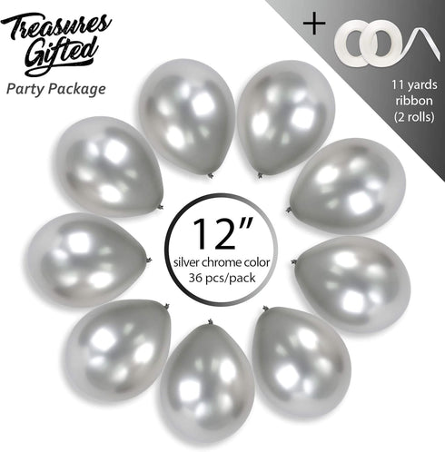 Treasures Gifted Chrome Metallic Silver Balloons - 12 Inch Large Silver Balloons, 36 Pack Bulk