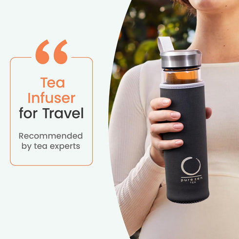 Set 13 oz Pure Zen Tea Tumbler with Infuser - Double Wall Glass Travel Mug with Stainless Steel Filter - Leakproof Tea