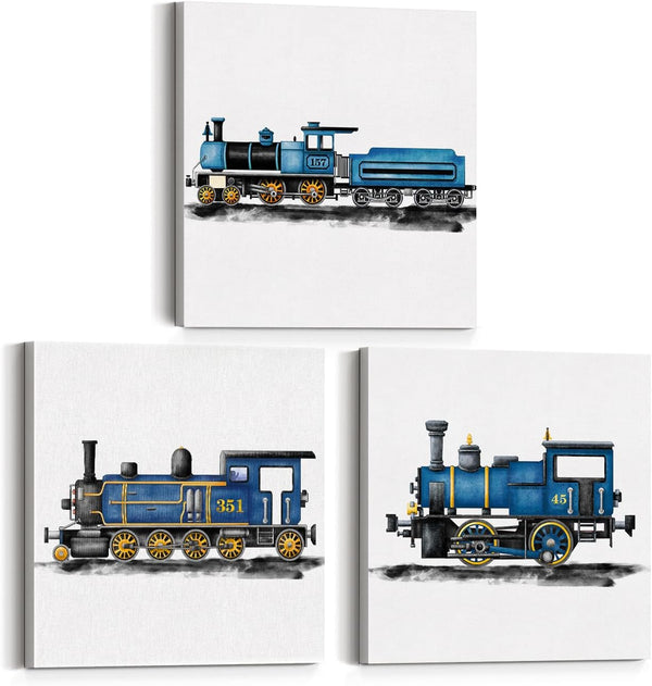 brayqu Set of 3 Blue Steam Train Nursery Vehicle Art Canvas Wall Art