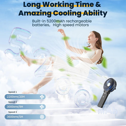 HandFan 5200mAh Portable Handheld Fan, Rechargeable with Power Bank, 3 Speeds, Foldable for Travel/Summer/Concerts