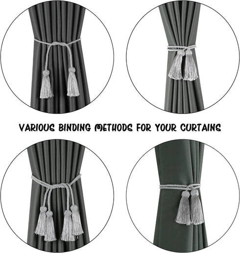 BEL AVENIR 4 Pack Handmade Curtain Tiebacks, Decorative Holdbacks with Tassel (Silver)