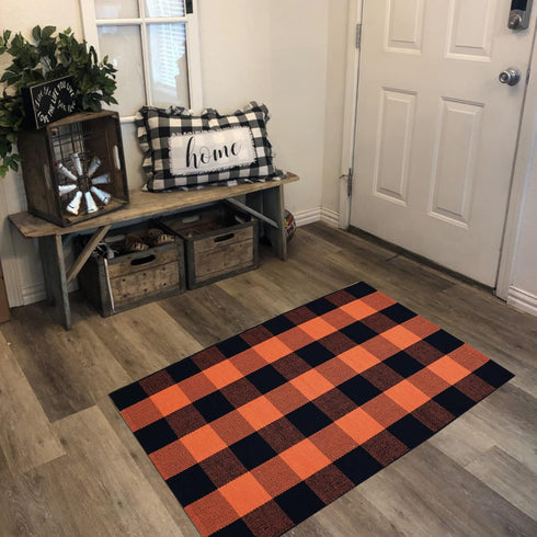 Cotton Orange and Black Plaid Rug - 27.5''x43'' Hand-Woven Washable Decorative Mat for Fall Outdoor Entryway