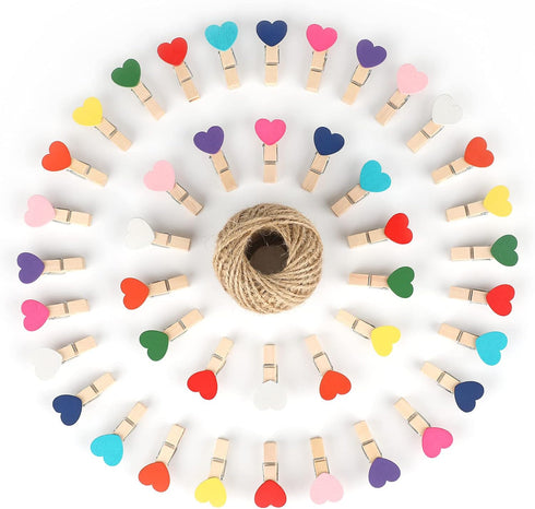 jijAcraft 100Pcs Clothespins with String - 1.4 Inch Wooden Clothes Pins with Heart, 10 Colors Mini Photo Clips with