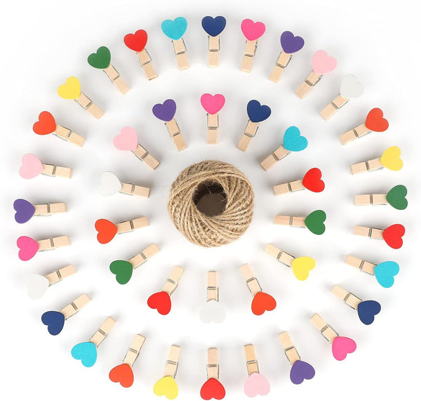jijAcraft 100Pcs Clothespins with String - 1.4 Inch Wooden Clothes Pins with Heart, 10 Colors Mini Photo Clips with
