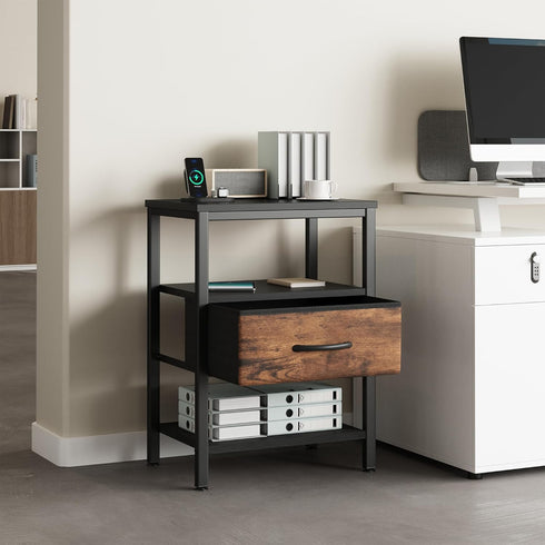 3-Tier DUMOS Bedside Table with Charging Station and Adjustable Fabric Drawer Compact Nightstand Storage Organizer End