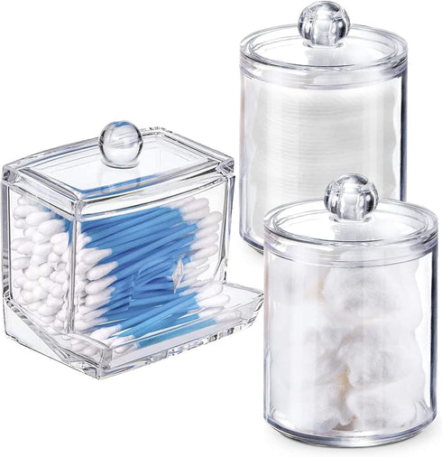 Swab Holder Canisters with Lid, Clear Plastic Qtip Dispenser for Cotton Swabs, Cotton Balls, Make Up Pads