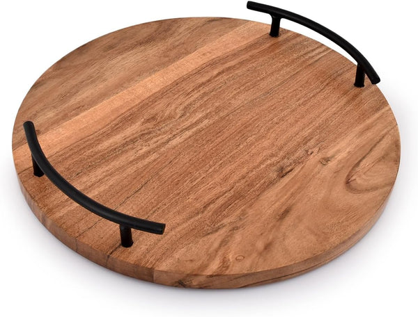 Round Wood Serving Tray with Iron Handles: NIRMAN Vintage Home Decor, Farmhouse Kitchen Centerpieces (12" x 12" x 1.75")