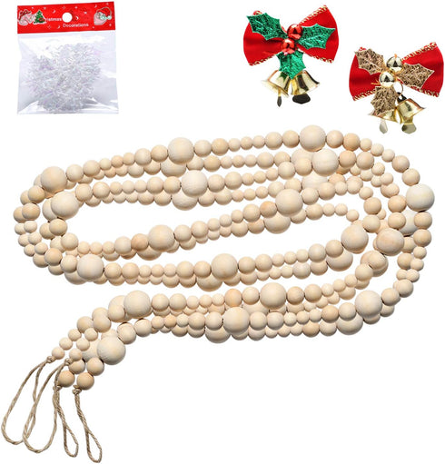 2PCS 86in Christmas Wood Bead Garland, Creative Wooden Garland for Rustic Country Holiday Decor, Natural Hanging Prayer