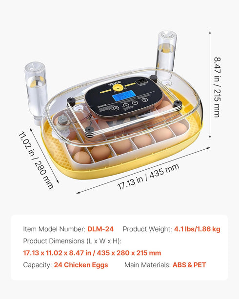 24 360 VEVOR Egg Incubator, Automatic Egg Turner with LED Candler, Temperature & Humidity Control, View Clear Window