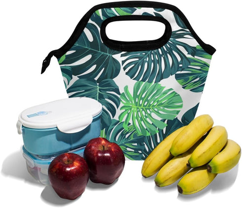 Neoprene Lunch Bag Tote, Insulated Food Container with Tropical Palm Leaves Decor for School or Work