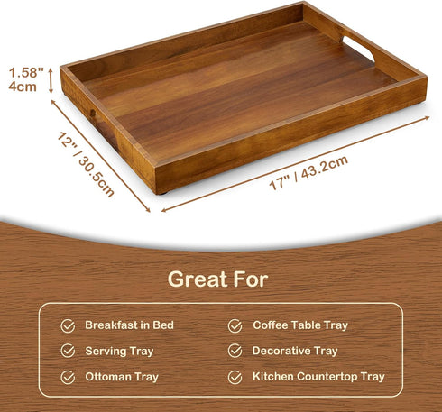 GCWSTJK 17 Inch Acacia Wood Serving Tray with Handles, Large Wooden Tray for Ottoman, Breakfast in Bed, Coffee Table