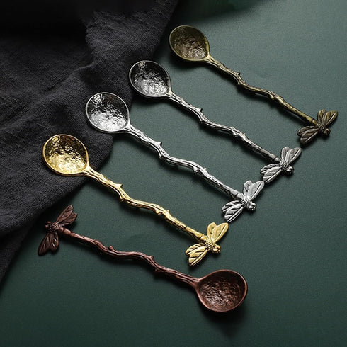 Gold Retro Dragonfly Spoon - Coffee Spoon, Teaspoon, Stainless Steel Tableware, Creative Sugar Spoon, Long Handle