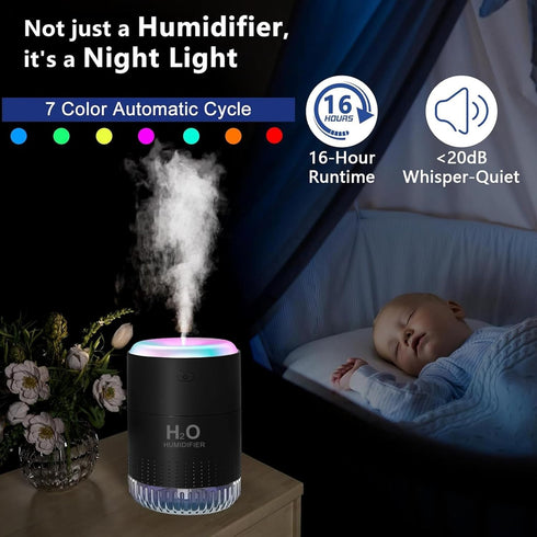 SZO Colorful Mini Humidifier, USB Rechargeable, 4 Modes Super Quiet, Suitable for Travel Office Family - Black