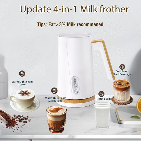 4-in-1 Electric Milk Frother and Steamer, Milk Steamer with Wood Elements Design, Automatic Hot & Cold Foam Maker