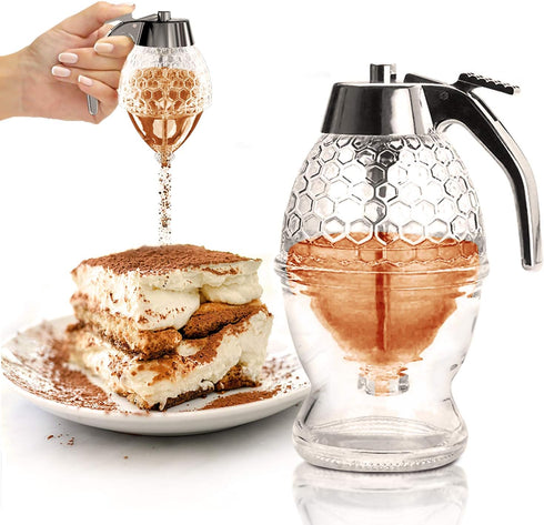 8 Oz CLEVLI Honey Dispenser No Drip Glass with Stand Honey Jar Clear Glass Honey Container with Dipper Maple Syrup