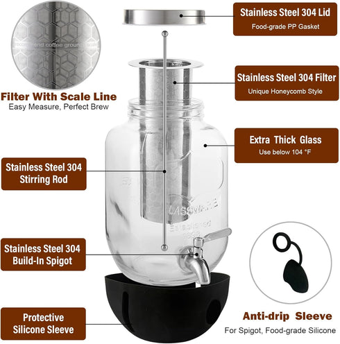 dailybrew 1 Cold Brew Coffee Maker, Gallon Iced Coffee Maker With Stainless Steel Filter, Heavy Duty Glass Cold Brew