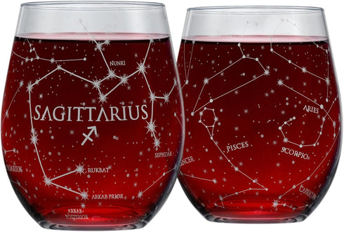Greenline Goods Sagittarius Stemless Wine Glasses, Hand Etched 15 oz Set of 2, Zodiac Astrology Sign Glassware