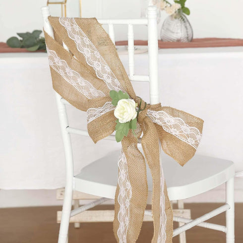5"x108" Efavormart | Natural Burlap with Lace Chair Sashes Covers, Hessian Fabric Rustic Jute Chair Sashes Covers