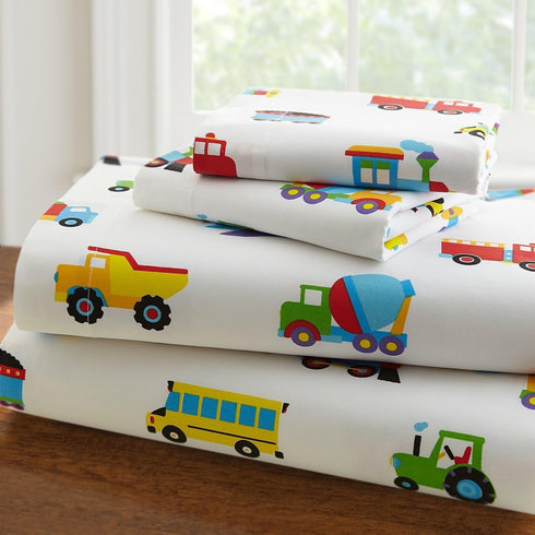 Linen Plus Sheet Set for Boys/Teens Trucks Cars Tractors Police Care Airplane Balloons White