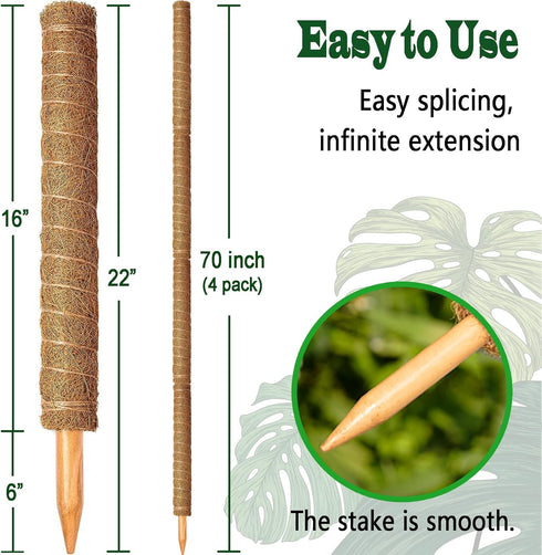 CHIAFFI 4 Pack 22 Inch 70 Inch Moss Poles, Stackable Moss Pole for Plants Monstera, Tall Moss Poles for Climbing Plants
