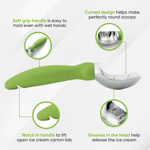 Spring Chef Green Heavy Duty Ice Cream Scoop, Non-Slip Handle, Professional Metal Kitchen Tool