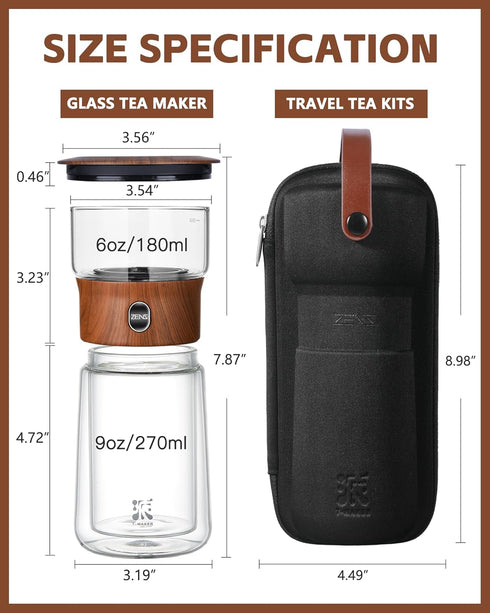 ZENS Modern Glass Infuser Teapot, One Touch Tea Maker for Loose Leaf Tea with Insulated Mug and Portable Case.