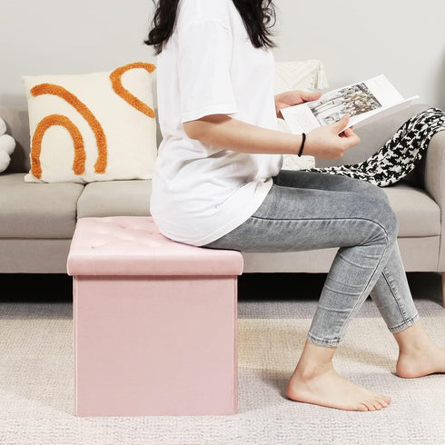 B FSOBEIIALEO Storage Ottoman Cube, Velvet Tufted Folding Ottomans with Lid, Footstool Rest Padded Seat for Bedroom
