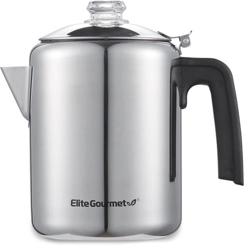 Elite Gourmet EC008 Classic Coffee Percolator, 8-Cup, Stainless Steel, Glass Knob, Cool-Touch Handle
