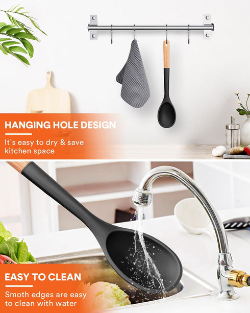 Large Silicone Cooking Spoons, Nonstick Solid Wooden Handle, Heat Resistant Kitchen Spoons for Cooking & Serving