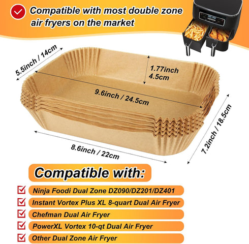 BYKITCHEN Air Fryer Liners for Ninja Dual Air Fryer, Set of 150, Rectangle Disposable Air Fryer Liners Compatible with Ninja DZ201/DZ401/DZ550, Instant Vortex and Other DualZone Airfryer by BYKITCHEN