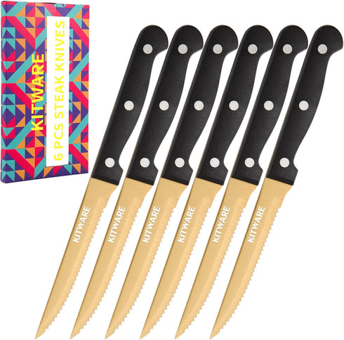 KITWARE Gold Steak Knives Set of 6 pcs, 4.5 inch Stainless Steel Serrated Edge Metal Knife Sets with Gift Box for