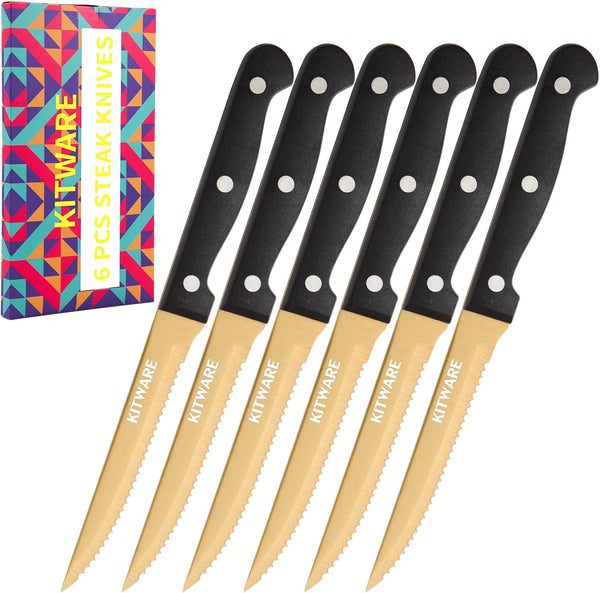 KITWARE Gold Steak Knives Set of 6 pcs, 4.5 inch Stainless Steel Serrated Edge Metal Knife Sets with Gift Box for