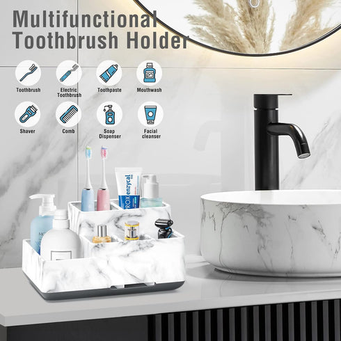 Electric Toothbrush Holder for Bathroom, White Marble Pattern Vanity Organizer Tray, Kids Desk Storage Compartment