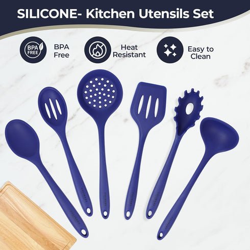 Culinary Couture Blue Silicone Kitchen Utensils Set of 6, Non-Stick Heat-Resistant with Steel Inner Core