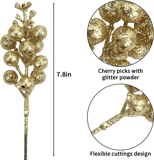 Stems,20Pcs 7.8 Inch DIYASY Champagne Glitter Berry Artificial Xmas Picks and Sprays Christmas Tree Filler Branches