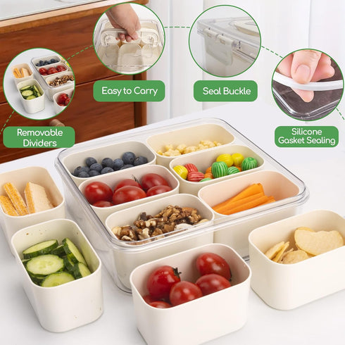Divided Serving Tray with Lid and Handle - Portable Snack Container, Multi Compartment Clear Veggie Tray