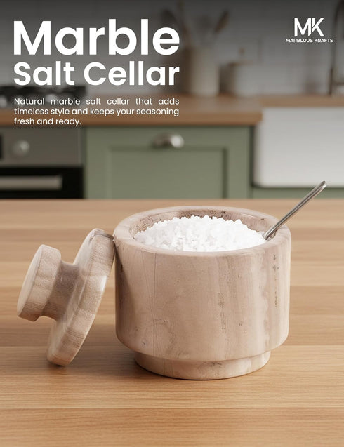 3" Countertop MARBLOUS KRAFTS Marble Salt Cellar with Lid & Spoon brown Small Flaky Salt Box, Sugar Jar, Spice Storage