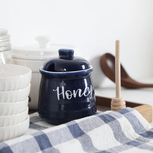 Set 12oz,Easy HAOTOP Farmhouse Porcelain Honey Jar with Dipper and Lid to Clean (Navy)