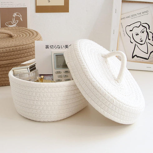 Handmade Cotton Rope Storage Basket with Lid, White Rope Bin for Makeup, Sundries, Snack, Needles - Desktop Storage Box