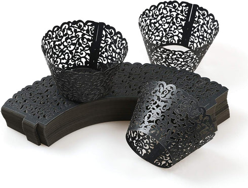 KPOSIYA 120 Pack Artistic Cupcake Wrappers, Black Laser Cut Cake Paper Cups for Wedding Baby Shower Birthday Decoration