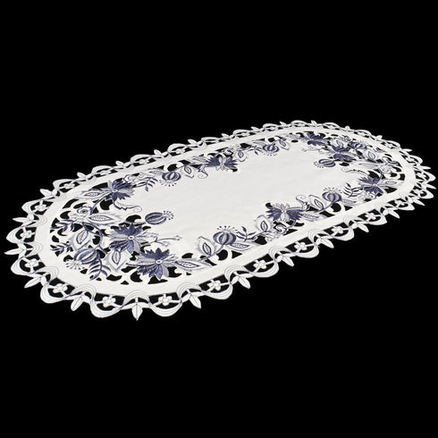 Embroidered Delft Blue Onion Flower Table Runner - Dresser Scarf Doily (14Wx27L)