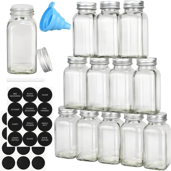 DkOvn 12pcs Glass Spice Jars with Labels, 6oz Empty Spice Jars with Mental