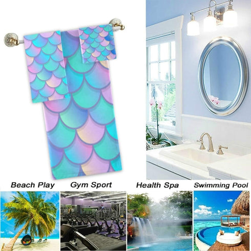 Naanle Set 3 1 Towel+1 Towel+1 Colors Mermaid Scales Pattern Soft Luxury Decorative of Towels, Bath Hand Washcloth