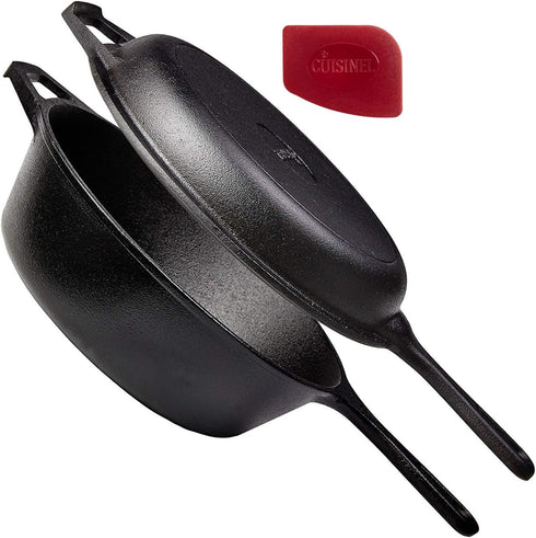 Cuisinel Cast Iron Skillet + Lid, 2-In-1 Multi Cooker, 3-Qt Dutch Oven, Pre-Seasoned Oven Cookware